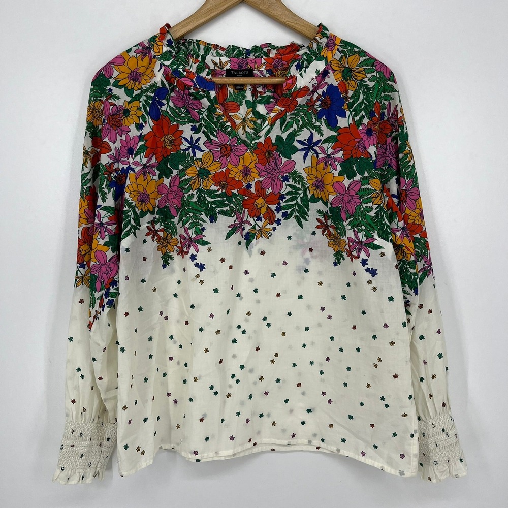 Talbots Petite Medium Floral Cotton Blouse‎ Split Neck Smocked Cuff White Multi